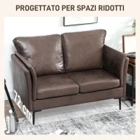 Divano 2 Posti in Pelle Traspirante con Imbottitura Spessa e Gambe in Metallo, 137x72x88 cm, Marrone Scuro
