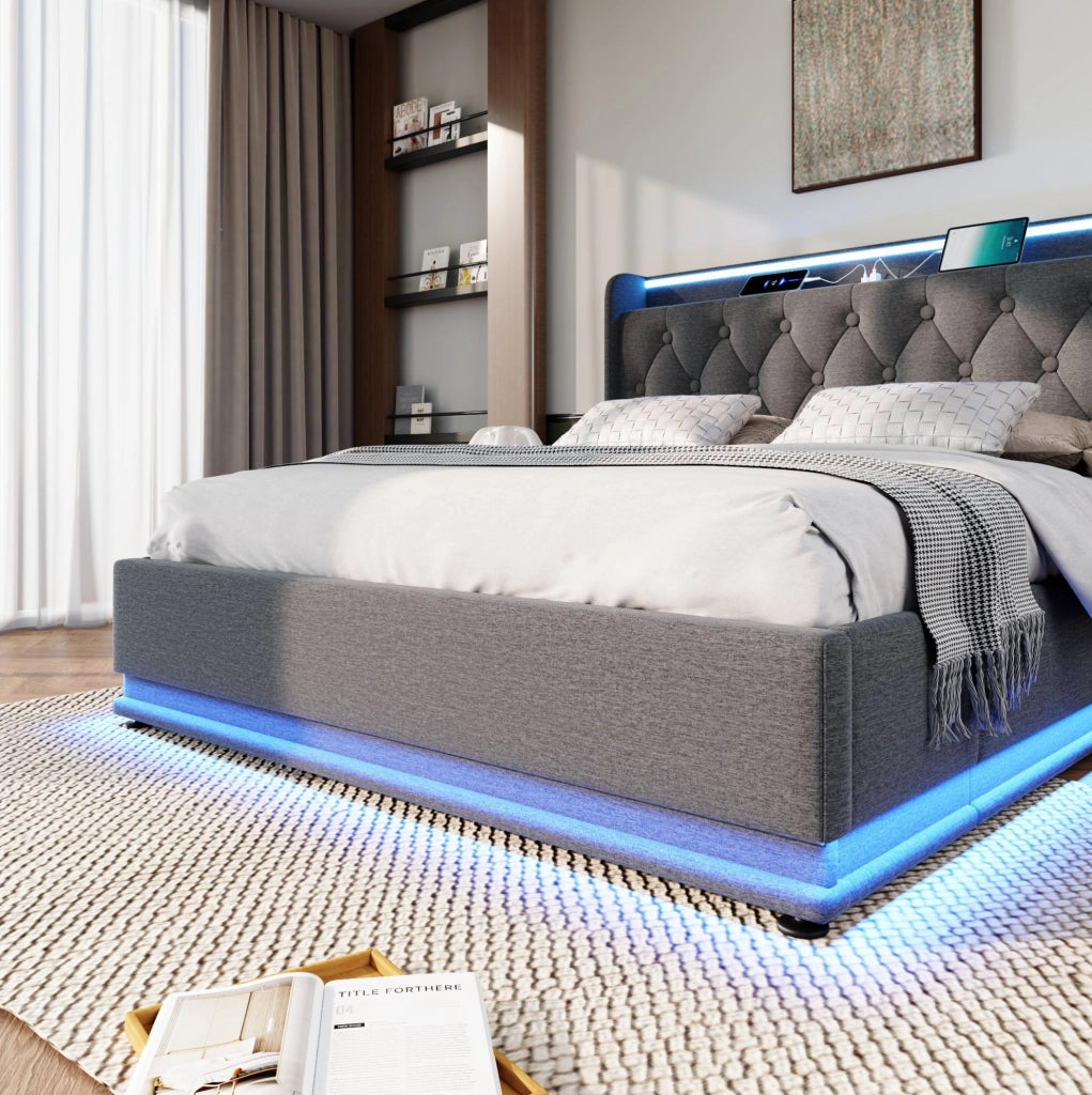 Letto matrimoniale 140x200 cm in lino grigio con LED 360; contenitore idraulico e porte USB