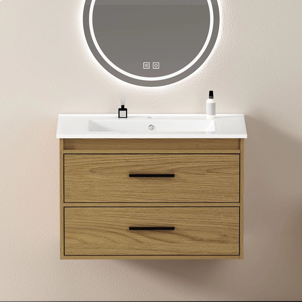 Mobile bagno con lavabo 75 cm; 2 cassetti; MDF e Ceramica; Rovere Chiaro