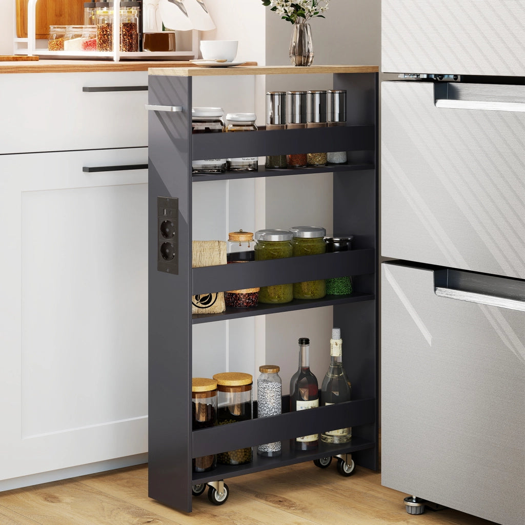 Carrello da cucina 4 ripiani con stazione di ricarica maniglia e parapetti-Scaffale stretto a sfilo con ruote bloccabili per cucina  Grigio e naturale