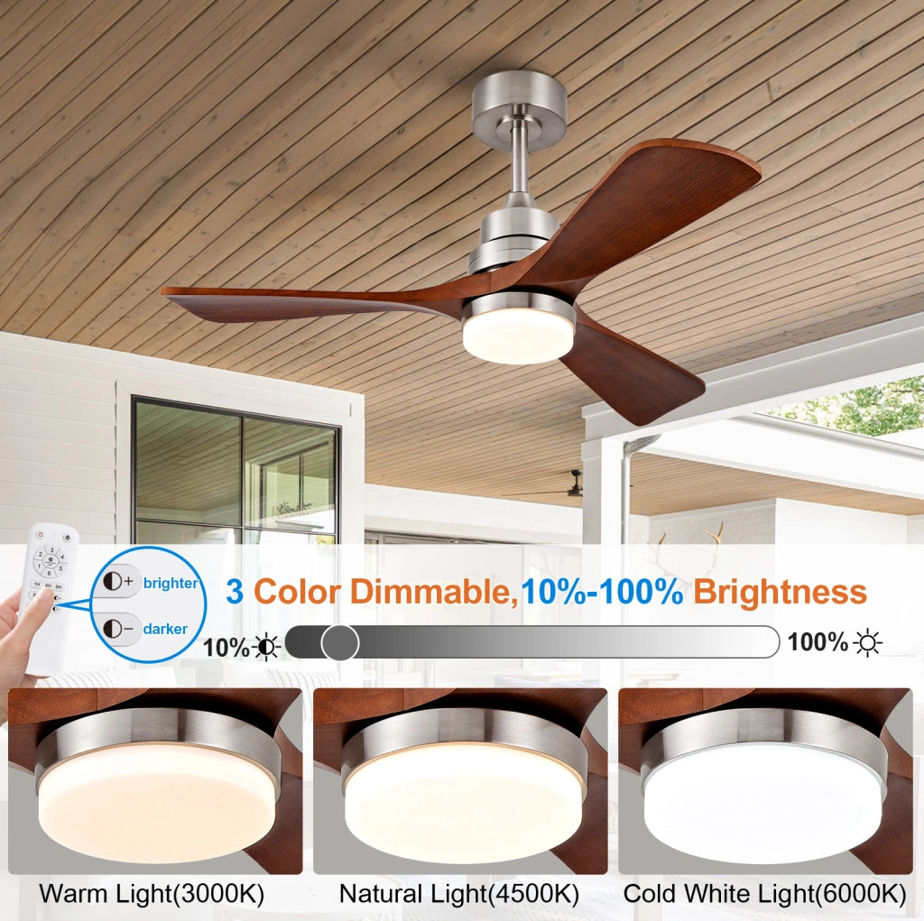 Ventilatore da soffitto con luce e telecomando; 3 pale in legno massello; nickel