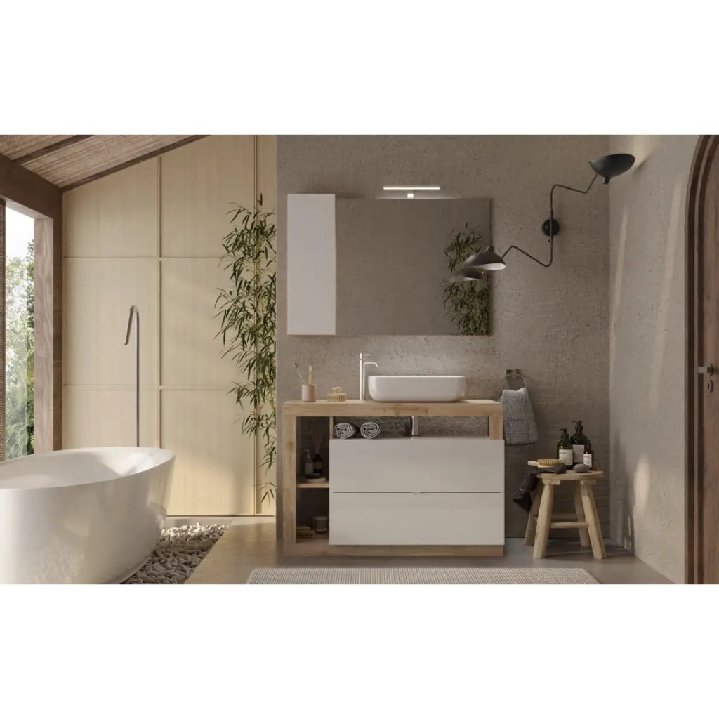 Mobile da bagno con un lavabo e 2 cassetti, collezione BURA. Colori bianco lucido e rovere chiaro.