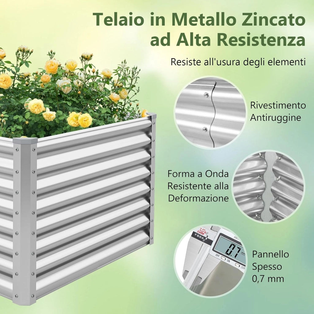 Letto da Giardino Rialzato in Metallo, Orto Rialzato con Design a Fondo Aperto, Protettori d'Angolo Rinforzati, Aiuola Rialzata da Esterno per Verdure, Fiori e Erbe Aromatiche (Argento)