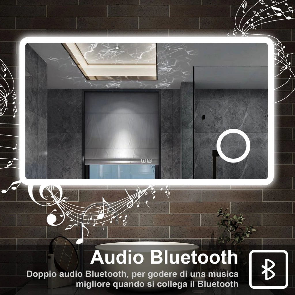 specchio rettangolare 100x60 cm con luce dimmerabile a 3 colori, bluetooth, antiappannamento e ingranditore 3x