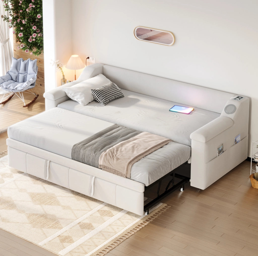 Divano letto 90x190 cm convertibile con Bluetooth; USB e vani in velluto beige