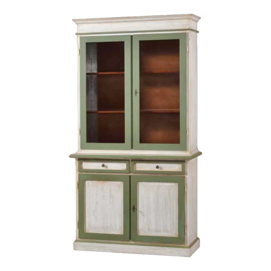 Cristalliera in legno laccato bicolore finitura cerato bianco-verde misura l.105 p.42 h.205 - Mobili 2G
