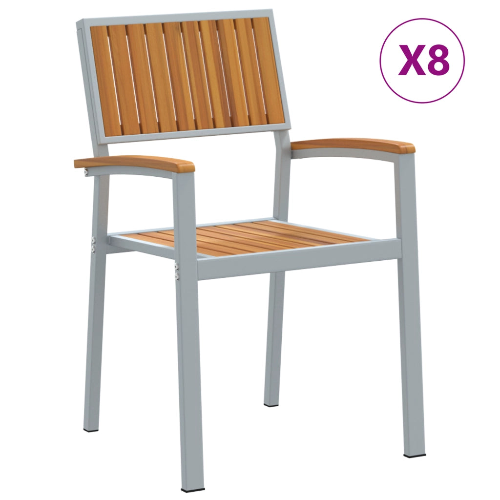 Sedie da Giardino Impilabili 8 pcs Acciaio Grigio e Legno Massello di Acacia