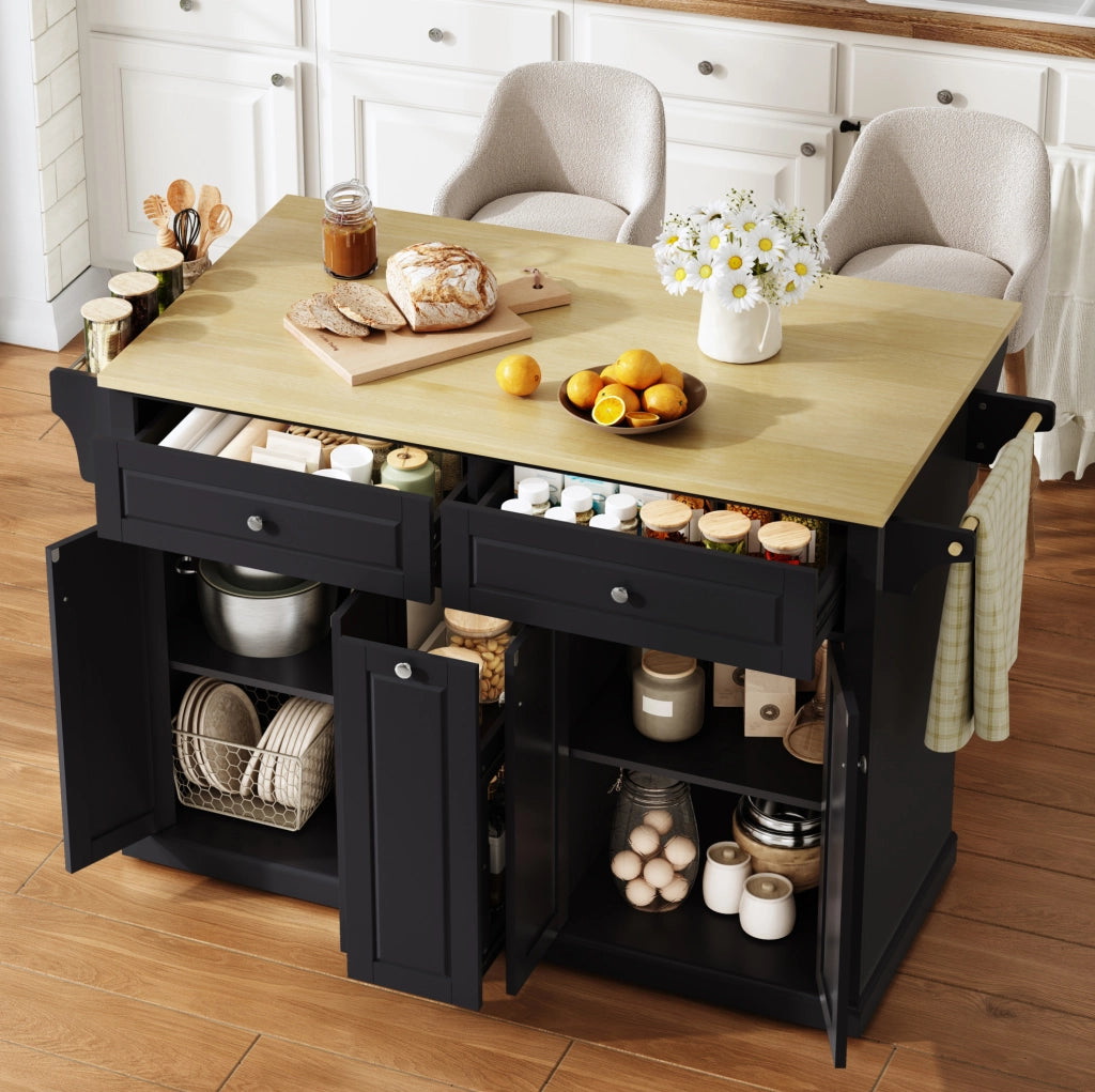 Isola cucina con piano ribaltabile 121x49(69)x89 cm in MDF naturale e nero