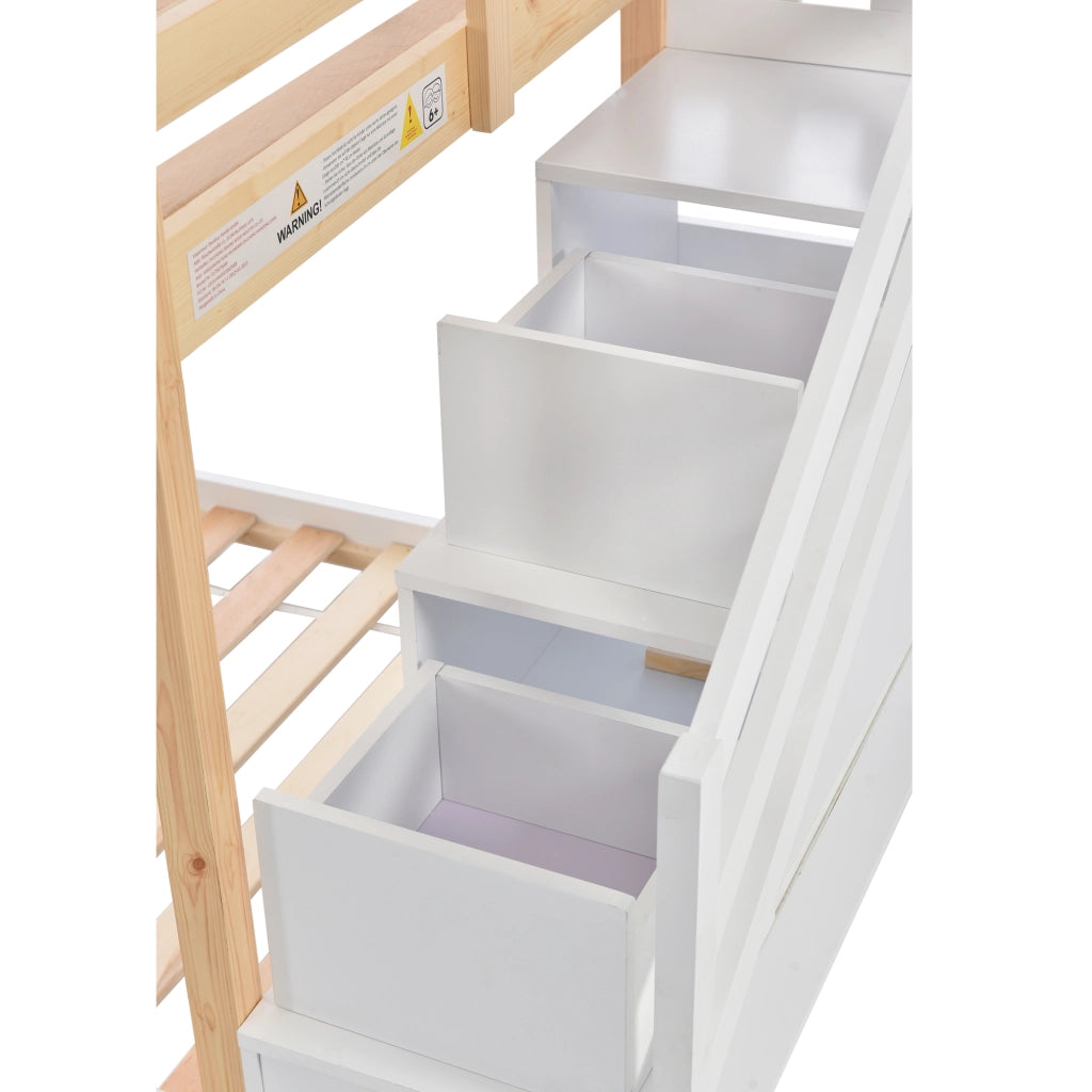 OKWISH Letto a castello casetta 90×200 cm, Letto Singolo con scala contenitore, cassetti e barriera, senza Materasso, Naturale e Bianco