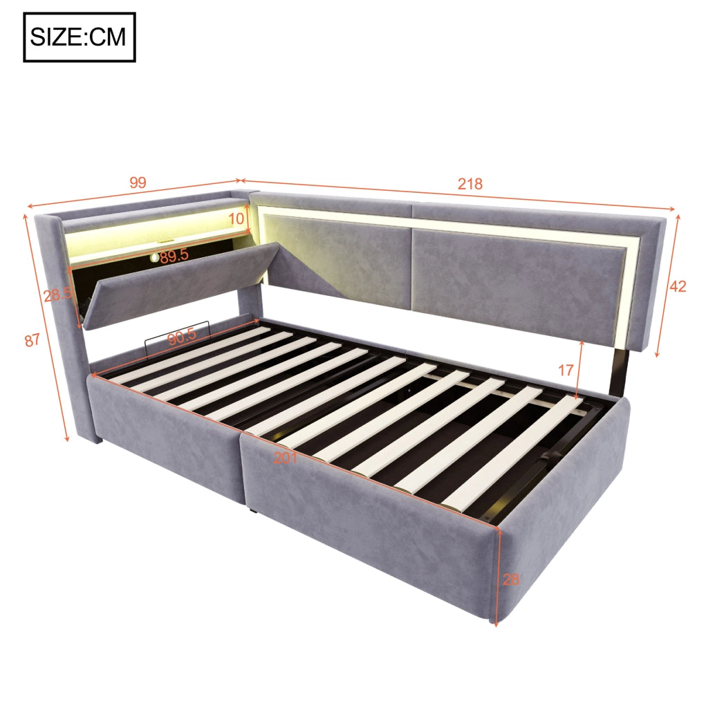 Letto imbottito multifunzionale 90x200 cm con contenitore, LED e USB