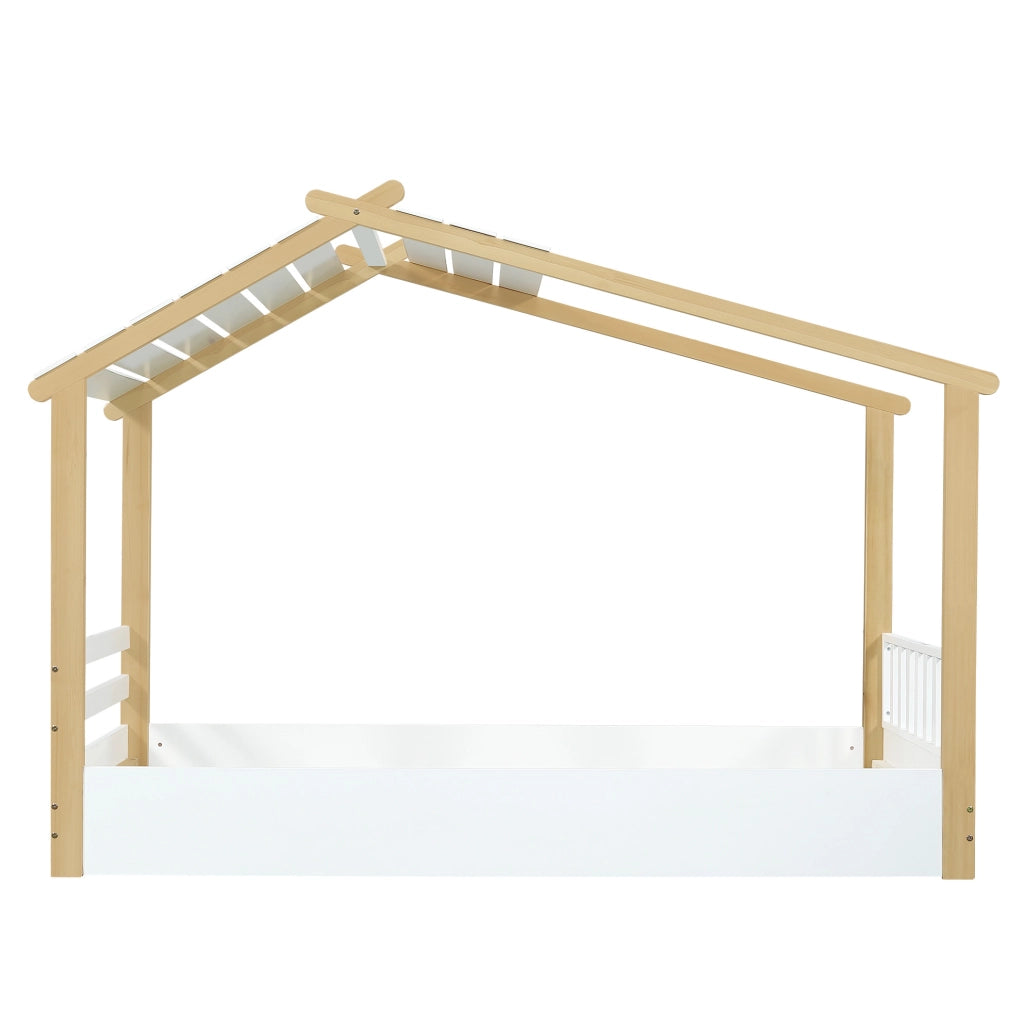 Letto a casetta 90x200 cm con doghe stabili; bianco e naturale