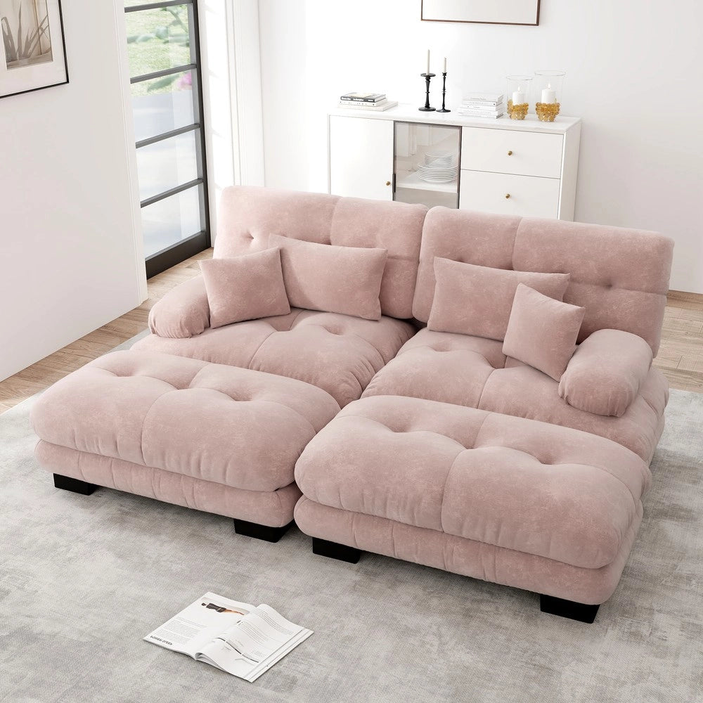 Divano angolare con poggiapiedi ¨C Minimal ¨C rosa chenille imbottito con braccioli e cuscini