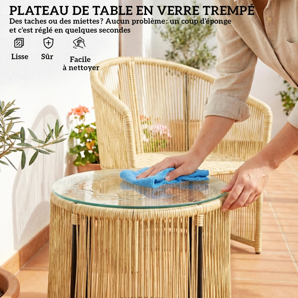Set Giardino Esterno 2 Posti con Tavolo e Sedie ¨C Zephmum ¨C Resina Intrecciata, Cuscini, Colore Crema