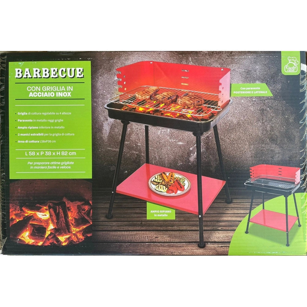Trade Shop - Barbecue A Carbonella Con Griglia Regolabile In Acciaio Paravento Ripiano H82x58x38cm -