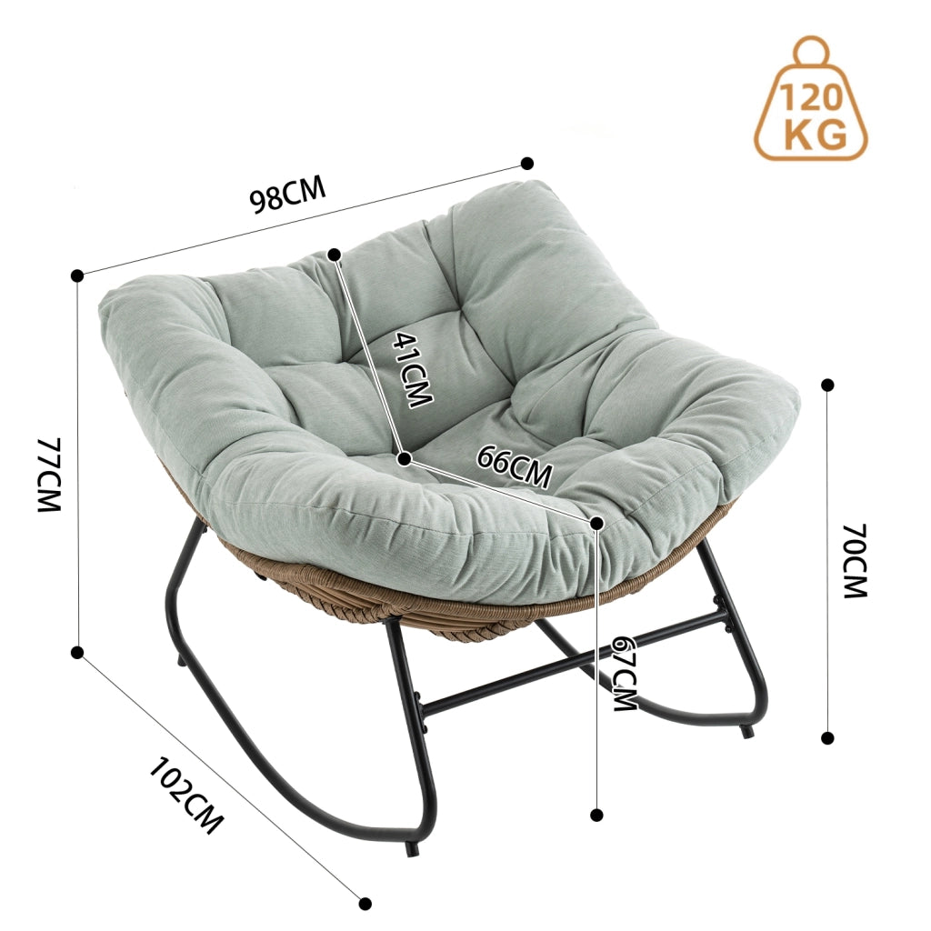 Sedia a dondolo in chenille con struttura ergonomica e base metallica, per salotto e camera azzurro chiaro