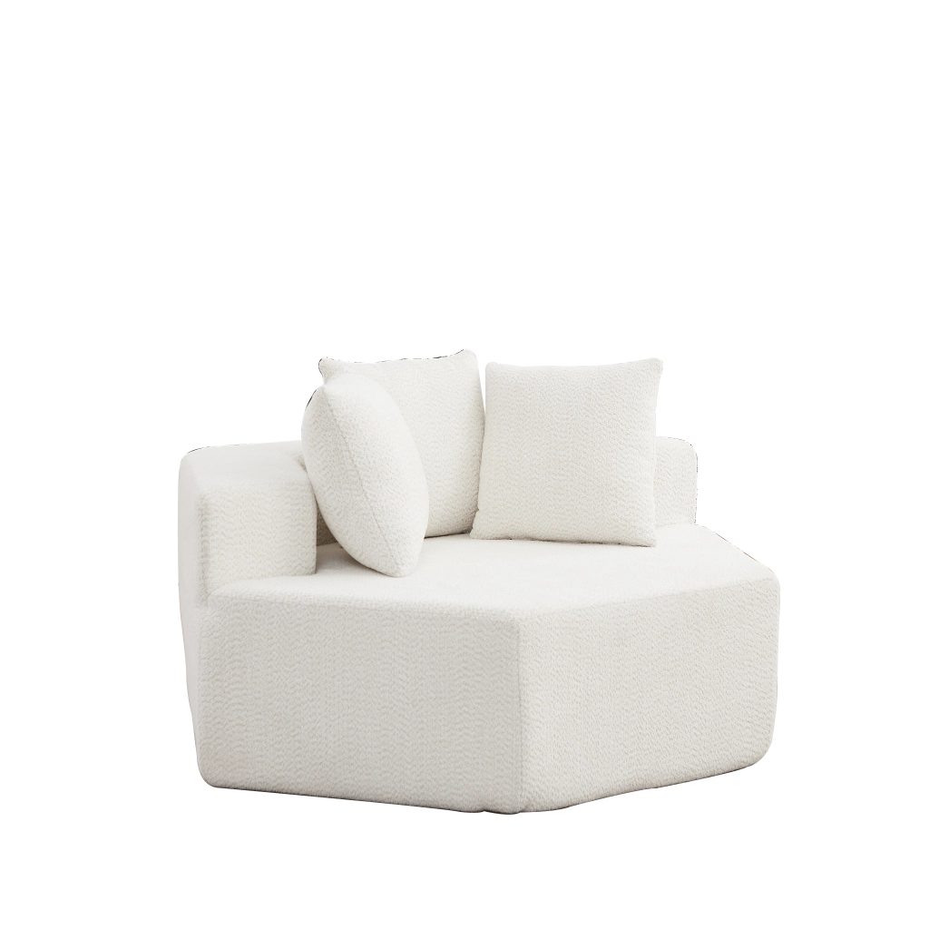 Fauteuil modulare esagonale in chenille con tre cuscini e base antiscivolo, beige per composizioni versatili
