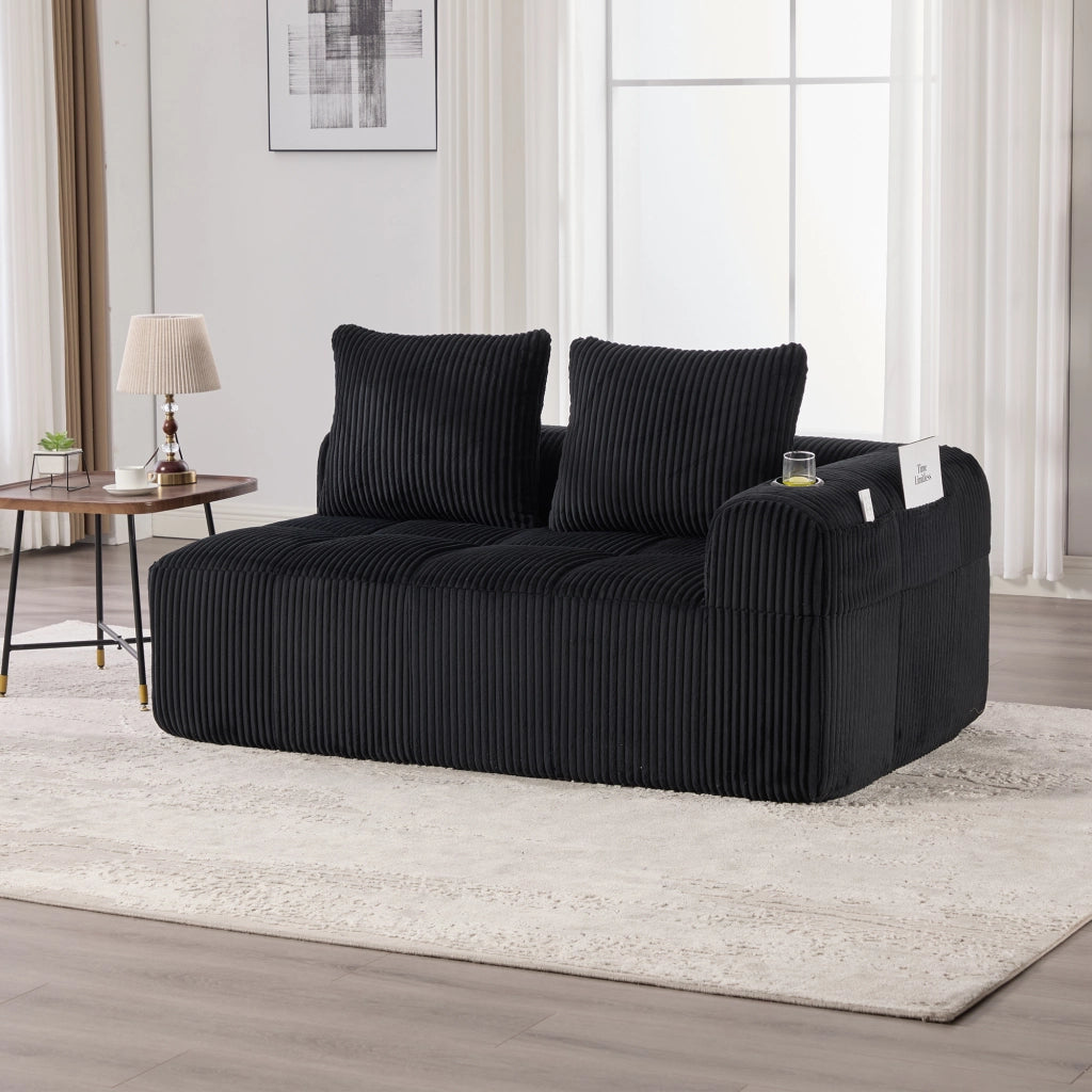 Divano diritto 2 posti con tasche laterali e portabicchieri salvaspazio in tessuto a coste nero 158 × 93 × 61 cm