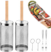 Set di 2 manici da griglia, accessori barbecue cilindro da griglia - attrezzatura barbecue manico di legno, manico da griglia da barbecue rovente con manico di legno, manico da griglia da barbecue da frutta e gamberi.