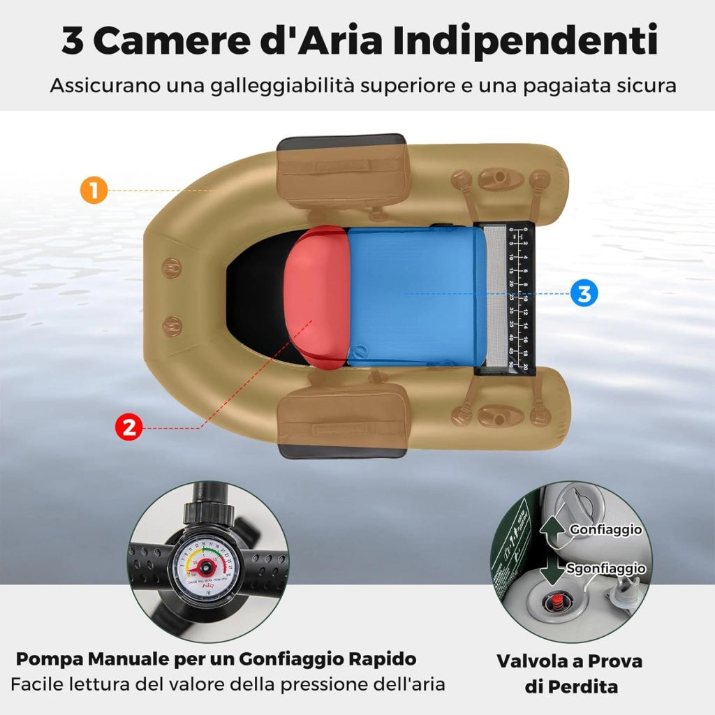 Belly Boat da Pesca, Gommone Gonfiabile da Pesca con 2 Porta Canne, Pompa, Borsa di Trasporto e Kit di Riparazione, Barca da Mare con Compatibile con Motore Fuoribordo, capacità 100kg