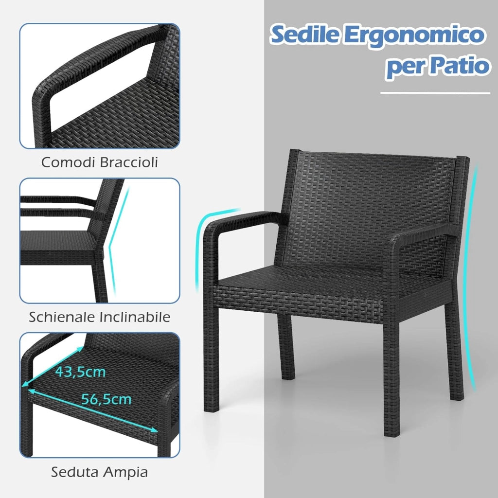 Tavolino e 2 Sedie in Rattan PP da Balcone, Set Giardino con Tavolino Quadrato e 2 Poltrone, Salotto da Esterno per Bordo Piscina (Nero)