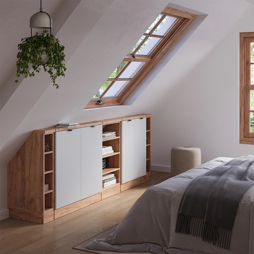 Set di mobili sottotetto Rion Ondulazione bianca/Rovere dorato 210 cm Set di 5 Vicco