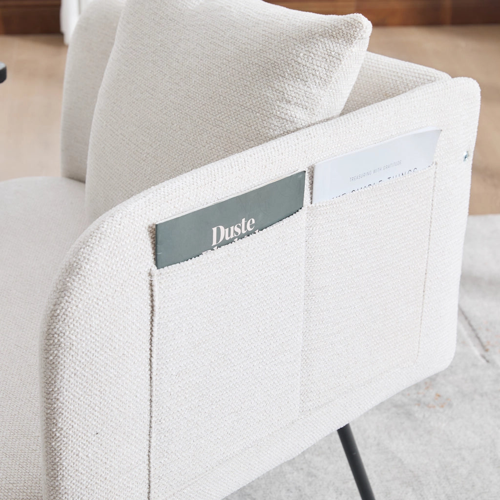 poltrona con tavolino laterale; tasche laterali; ciniglia beige
