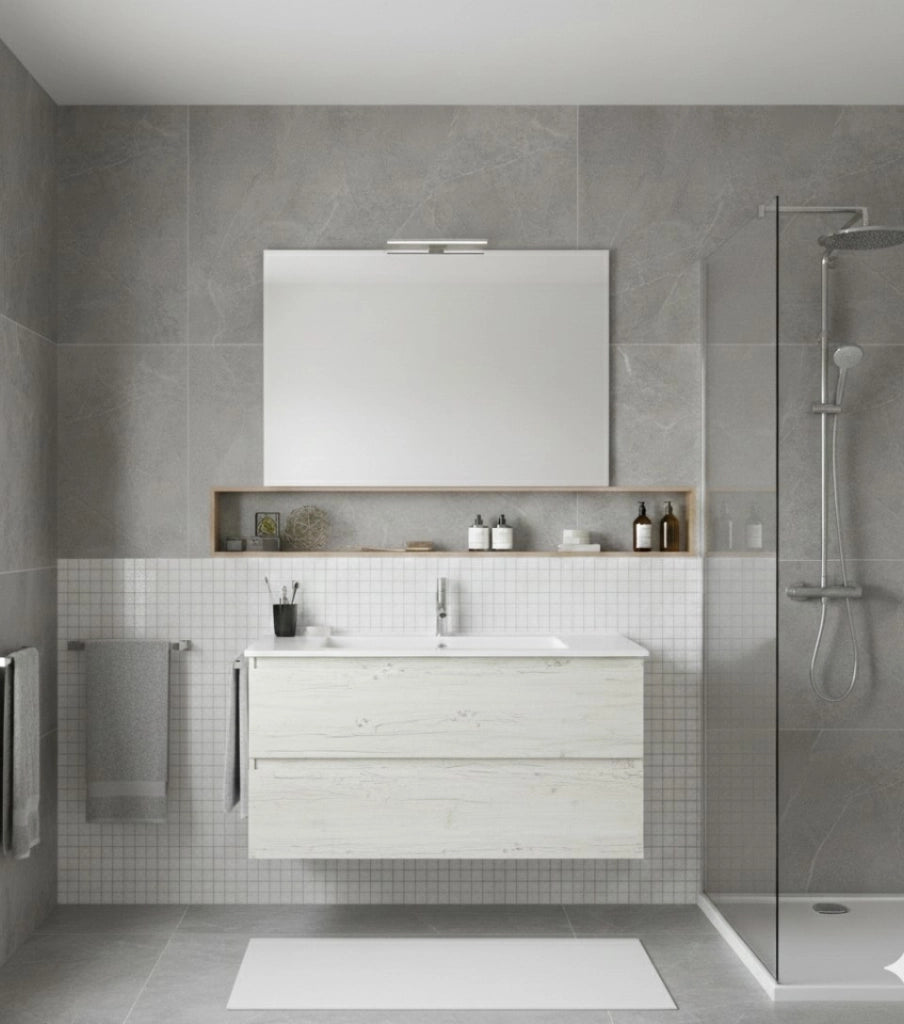Mobile Bagno LOKI Già Montato 2 cassetti con piedini, lavabo e specchio Bianco nordico 90x45 cm