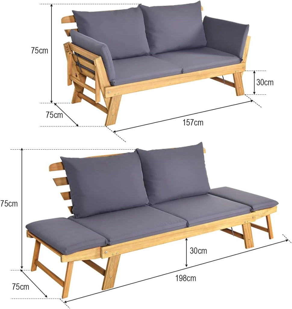 Divano Esterno a 2 Posti, in Legno di Acacia, Lettino Giardino con Braccioli Regolabili, Sdraio da Giardino con Cuscini, Chaise Longue per Giardino, Piscina, Cortile (Grigio)
