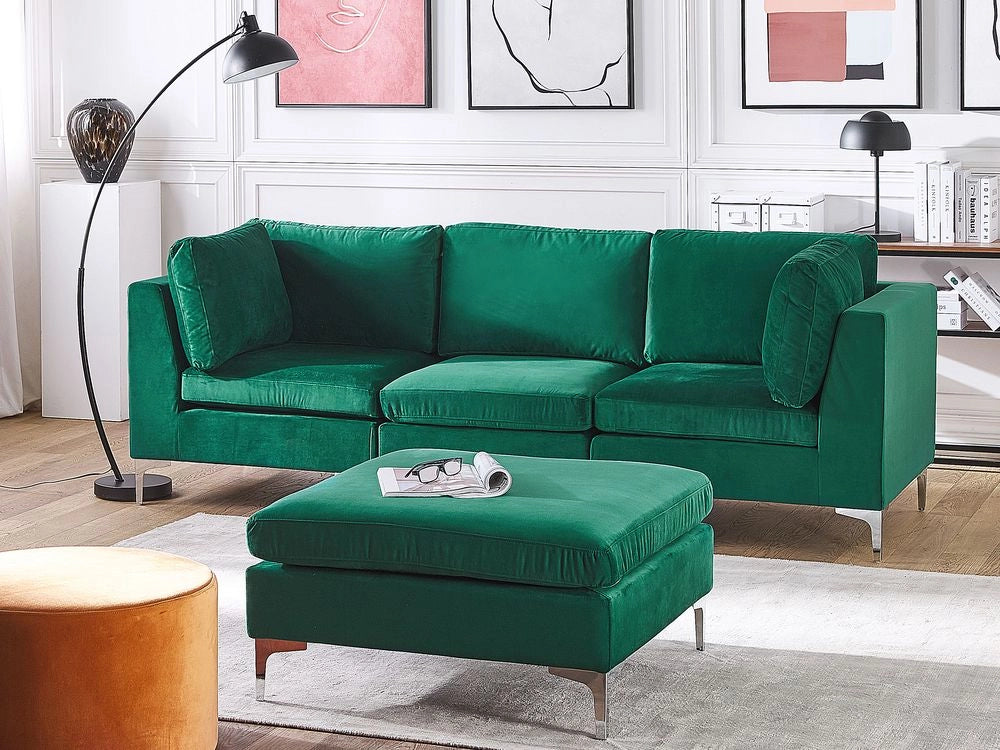 Divano Componibile Velluto Verde 3 Posti Con Gambe In Metallo Argento ottomana Stile Glamour
