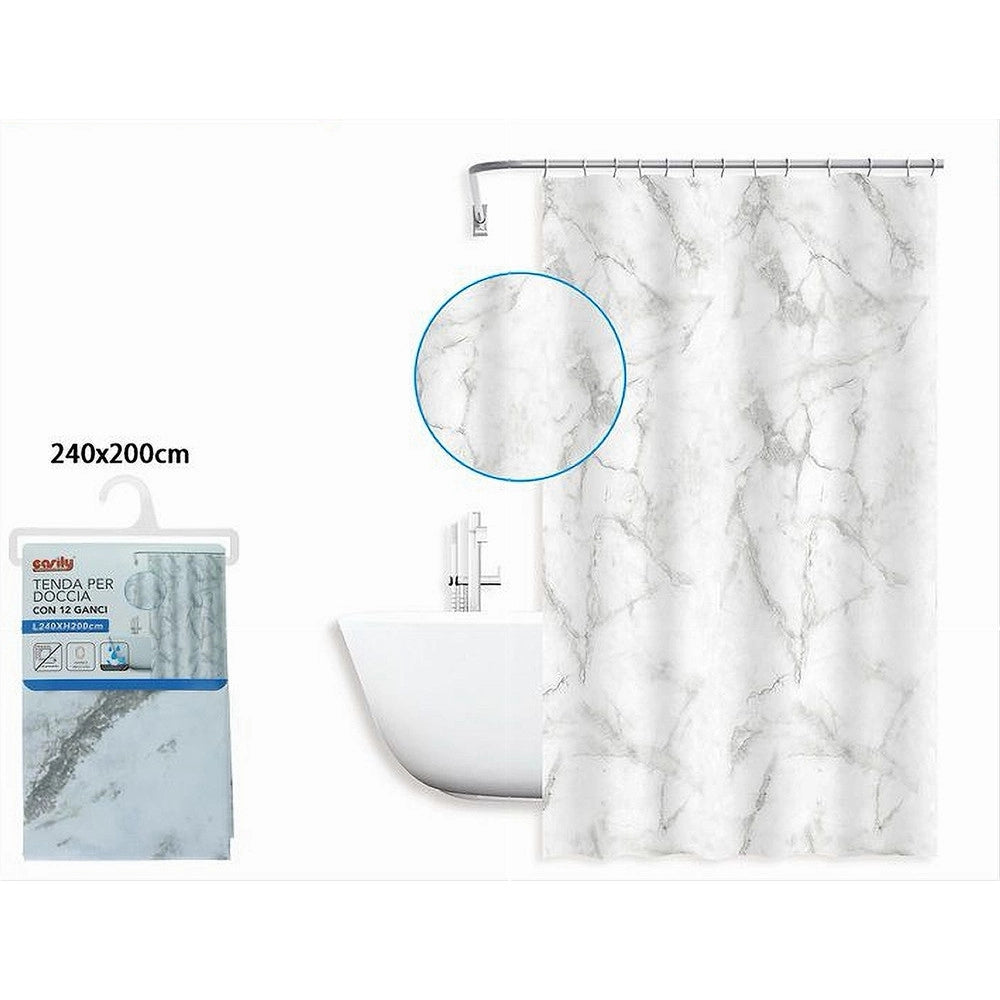 Trade Shop - Tenda Doccia Vasca Bagno Impermeabile Marmo Bianco 240x200cm Con 12 Anelli 87594 -
