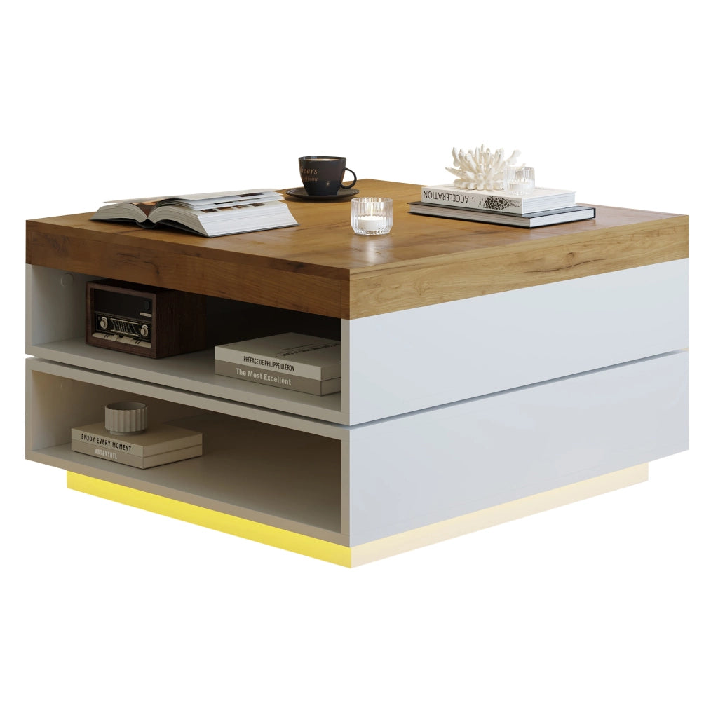 Tavolino da caffè 65x65x40 cm con piano girevole a 360° e LED; MDF; bianco e naturale