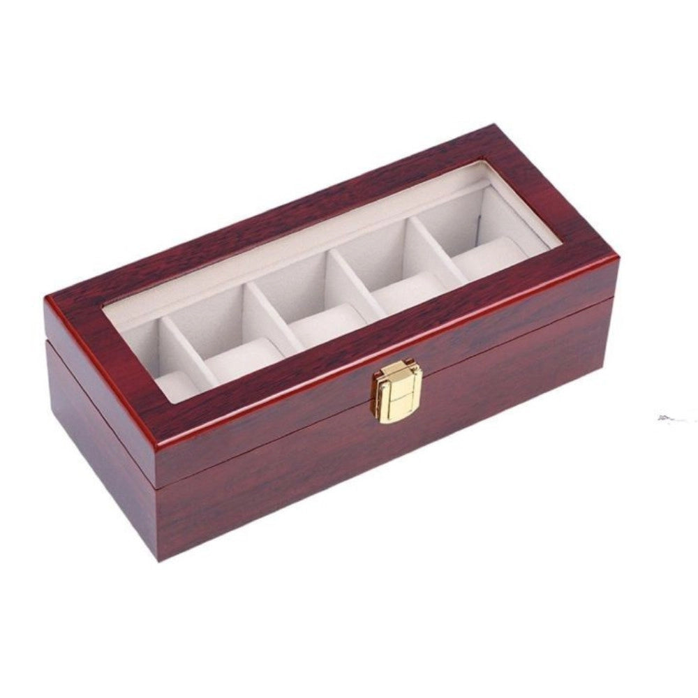 Trade Shop - Scatola Porta Orologi 5 Posti In Legno Con Vetro Custodia Elegante Effetto Lusso -