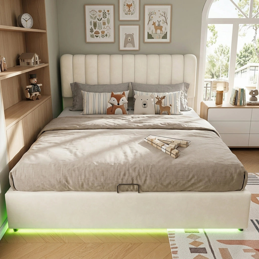 Letto contenitore per bambini con 3 cassetti, LED e velluto beige