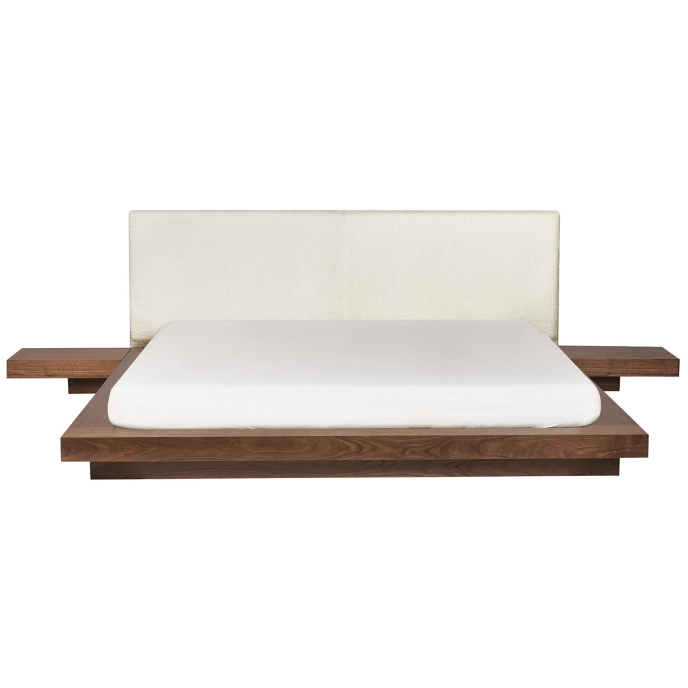 Letto LED in stile giapponese in frassino marrone 180 x 200 cm testata impiallacciata in legno bouclé a basso profilo camera da letto