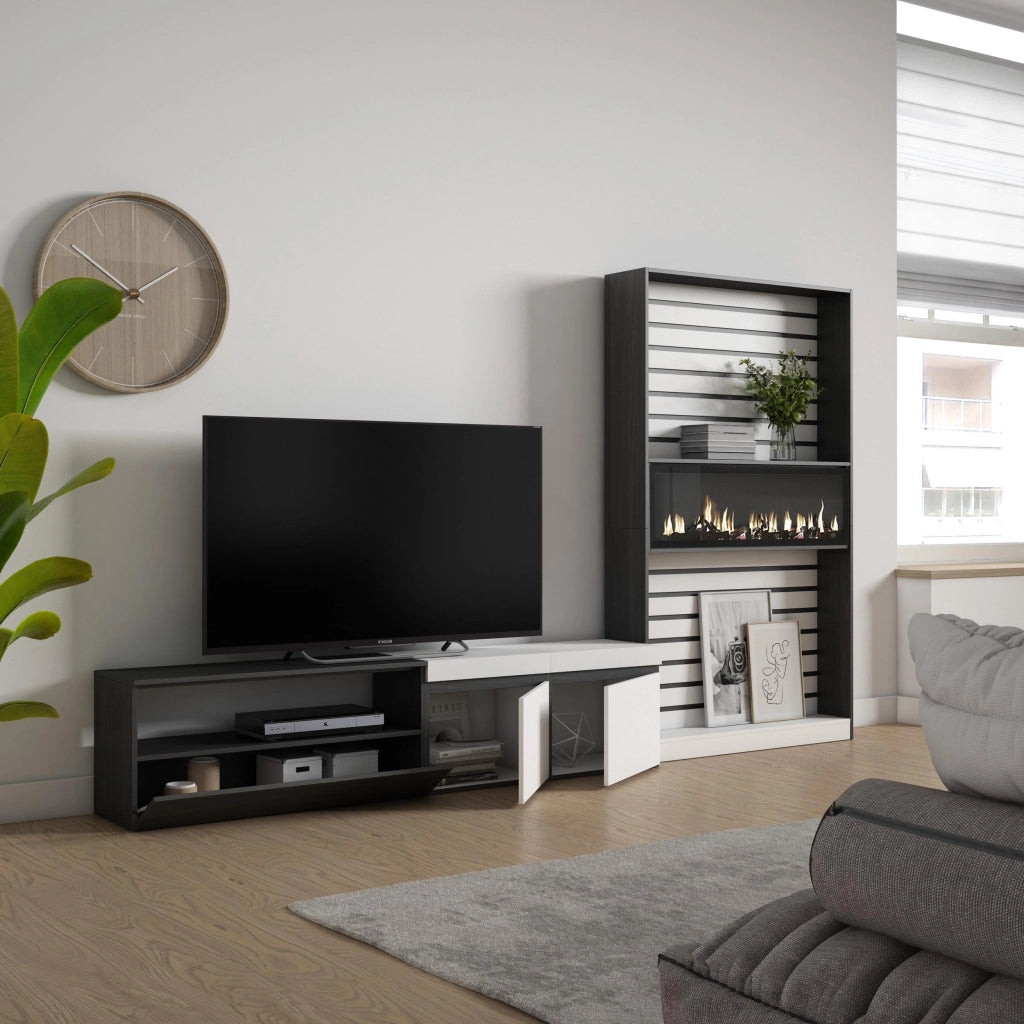 Mobile TV, Soggiorno, 310x35x186cm, Per TV fino a 80", Camino elettrico, Bianco e nero RF2846