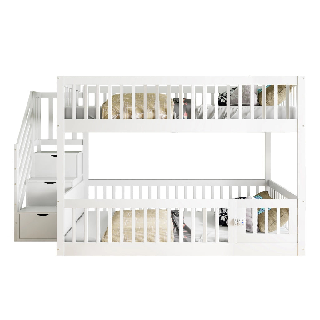 DESMIU Letto a castello 140 × 200 cm 2 posti con cassetti e scala, senza materasso, in legno, bianco