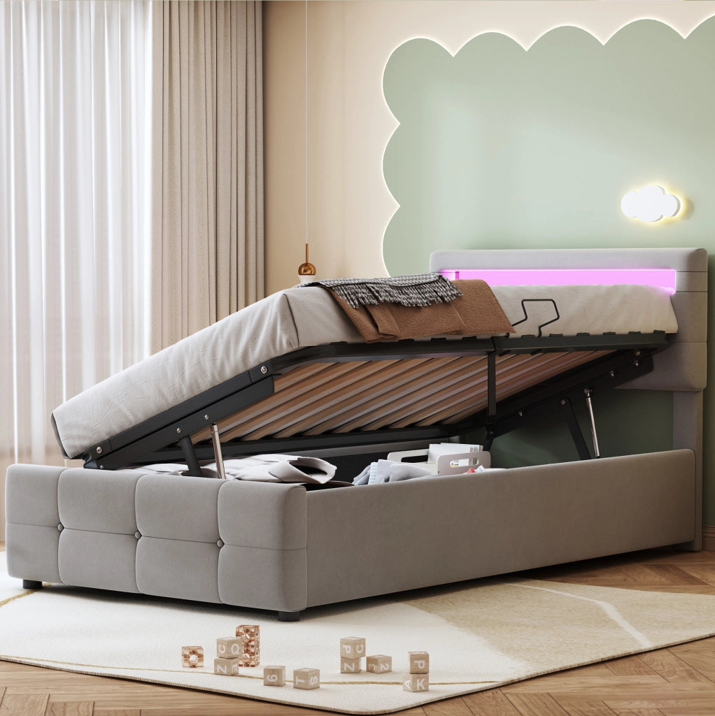 Letto imbottito 90x200 cm con LED e contenitore; velluto grigio (Senza materasso)