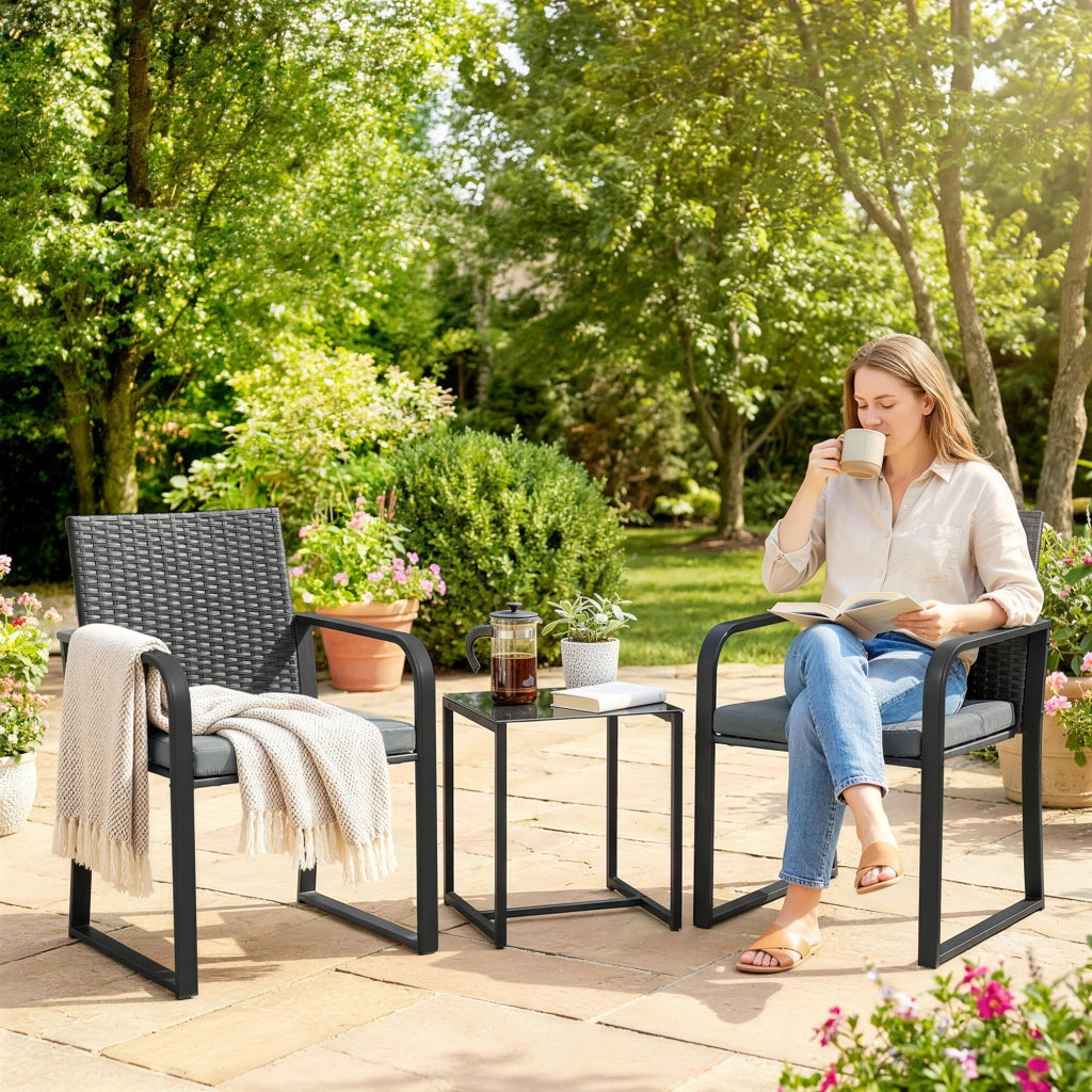 Set Tavolo e Sedie da Giardino in Polyrattan con Cuscini e Piano Vetro Grigio ¨C zephmum ¨C 6 Pezzi