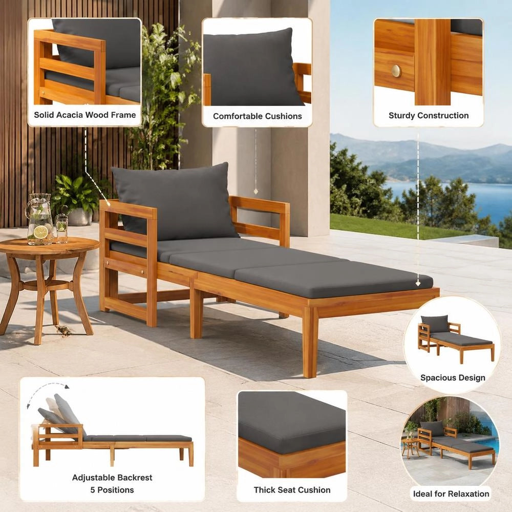 Sun Lounger With Dark Grey Cushions, Solid Acacia Wood