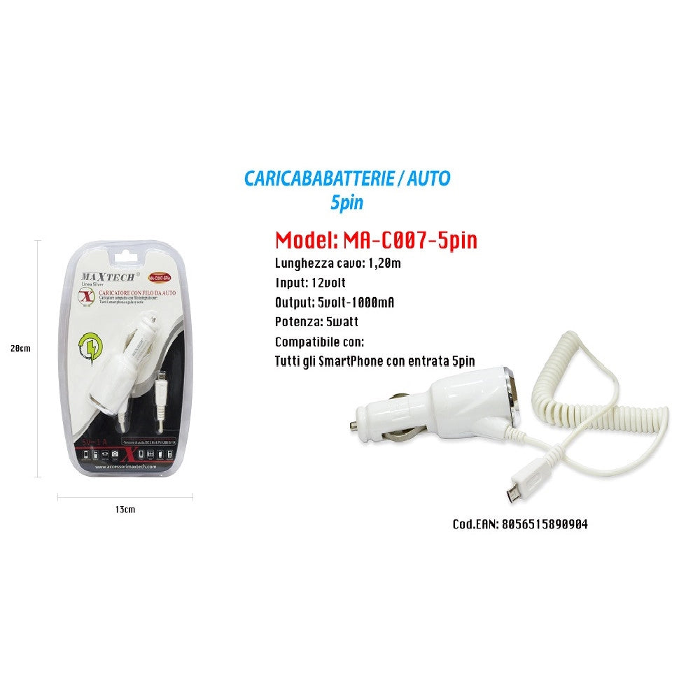 Trade Shop - Caricatore Usb Da Auto Portatile Ricarica Smartphone 5pin 5v-1000ma Maxtech Ma-c007-5pin -