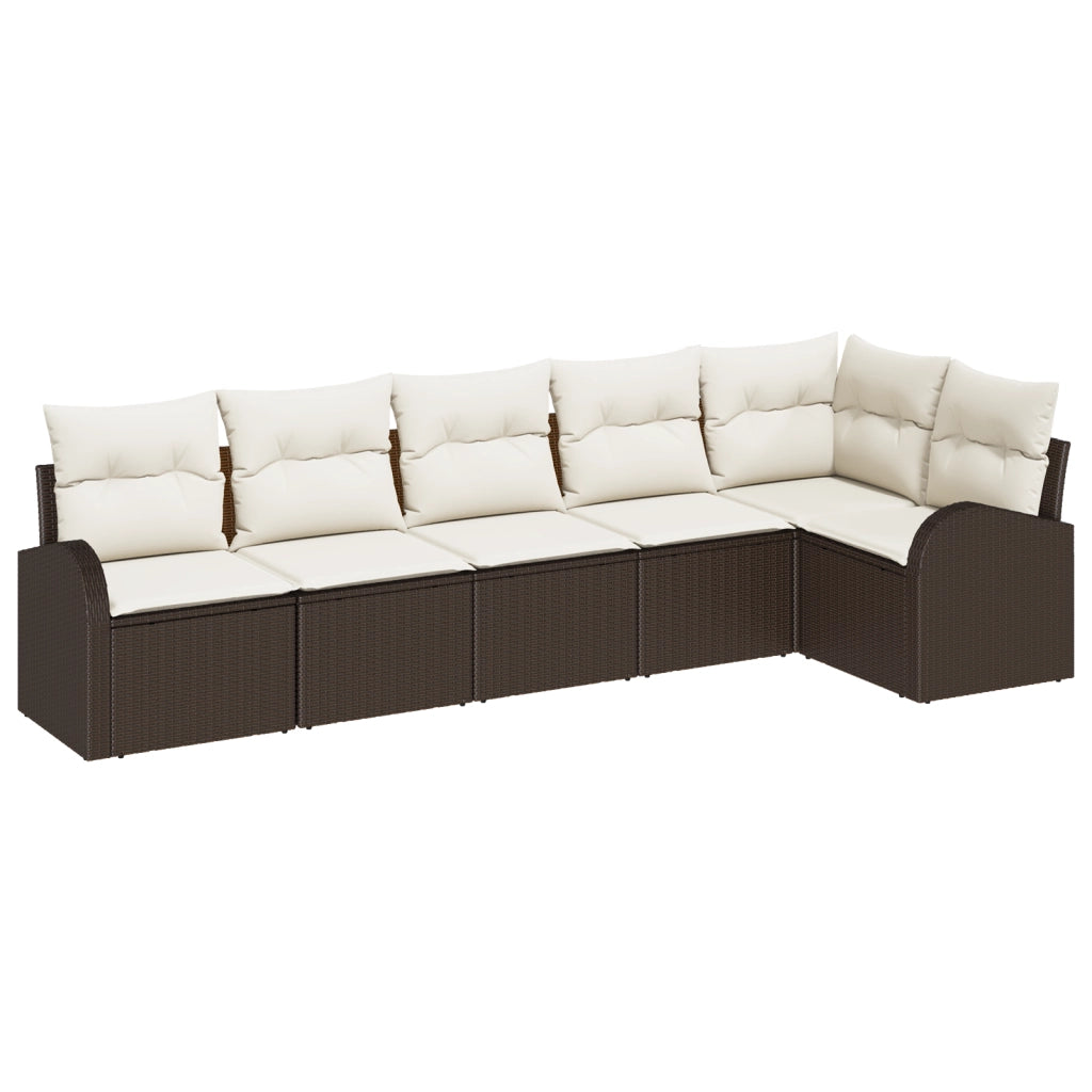 Set Divano da Giardino 6 Pezzi con Cuscini Marrone Rattan Poliestere