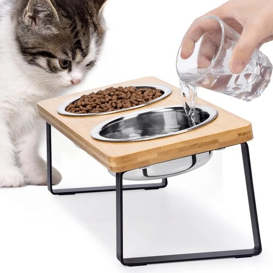 Bacchetta alimentare inclinata adatta per gatti, angolo 15°, con supporto in legno, 2 ciotole in acciaio inossidabile, adatta per gatti e cuccioli.
