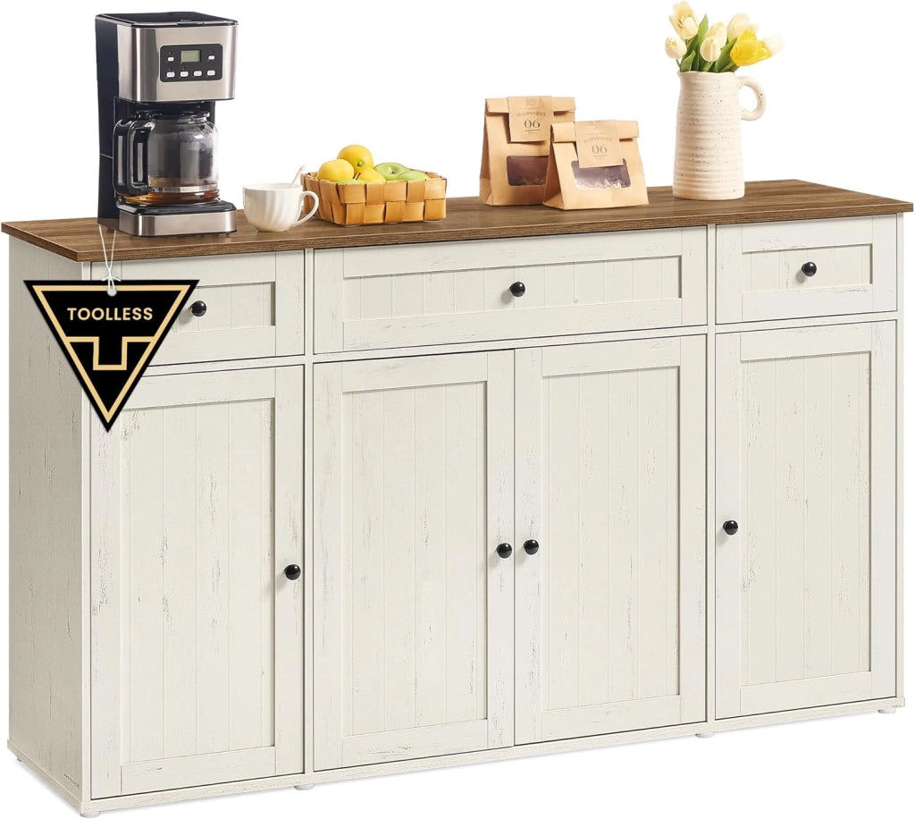 SONGMICS HOME Credenza Montaggio Rapido Senza Attrezzi Toolless, Montaggio Superveloce Senza Utensili, Mobile da Cucina con Piano, Buffet, Ripiani Regolabili, Bianco Vintage e Marrone Miele BBK376WJ02