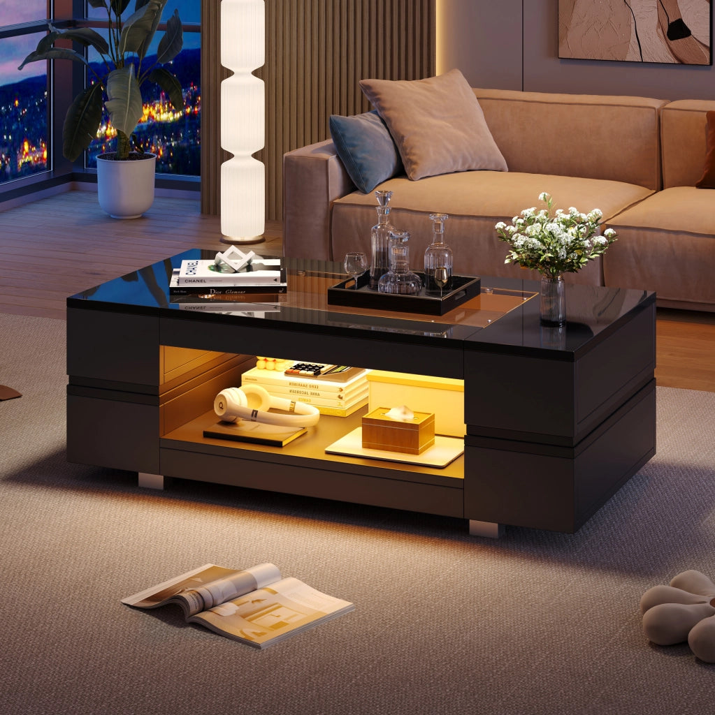 Tavolino da caffè LED nero 100x50x35 cm con app; vetro temperato e doppio ripiano