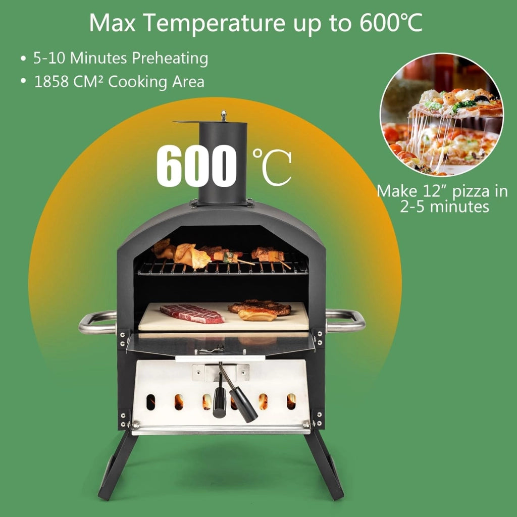 Pizza aperta all'aperto, forno per pizza 600 ℃, forno a legna portatile in acciaio inox, forno per pizza a 2 livelli per giardino, mini oven con pietra per pizza, pala per pizza, griglia