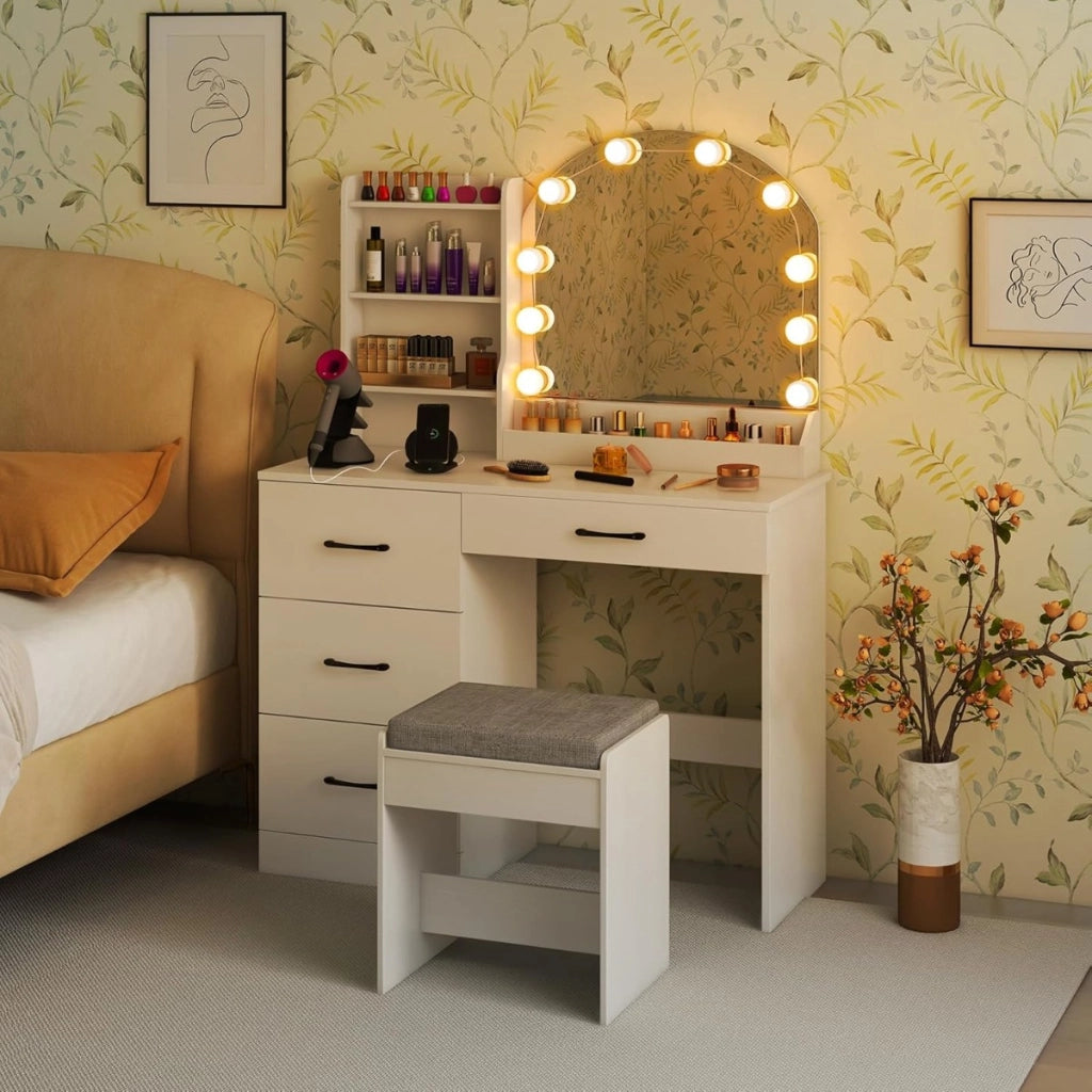 Scrivania da trucco con specchio e luci, Set tavolo da trucco e sgabello con stazione di ricarica Bianco