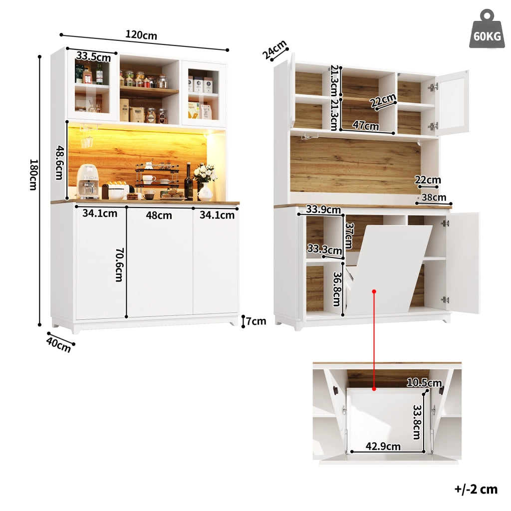 Credenza e madia con ante in acrilico, LED e vani aperti, per cucina e soggiorno, bianco, 120 × 40 × 180 cm