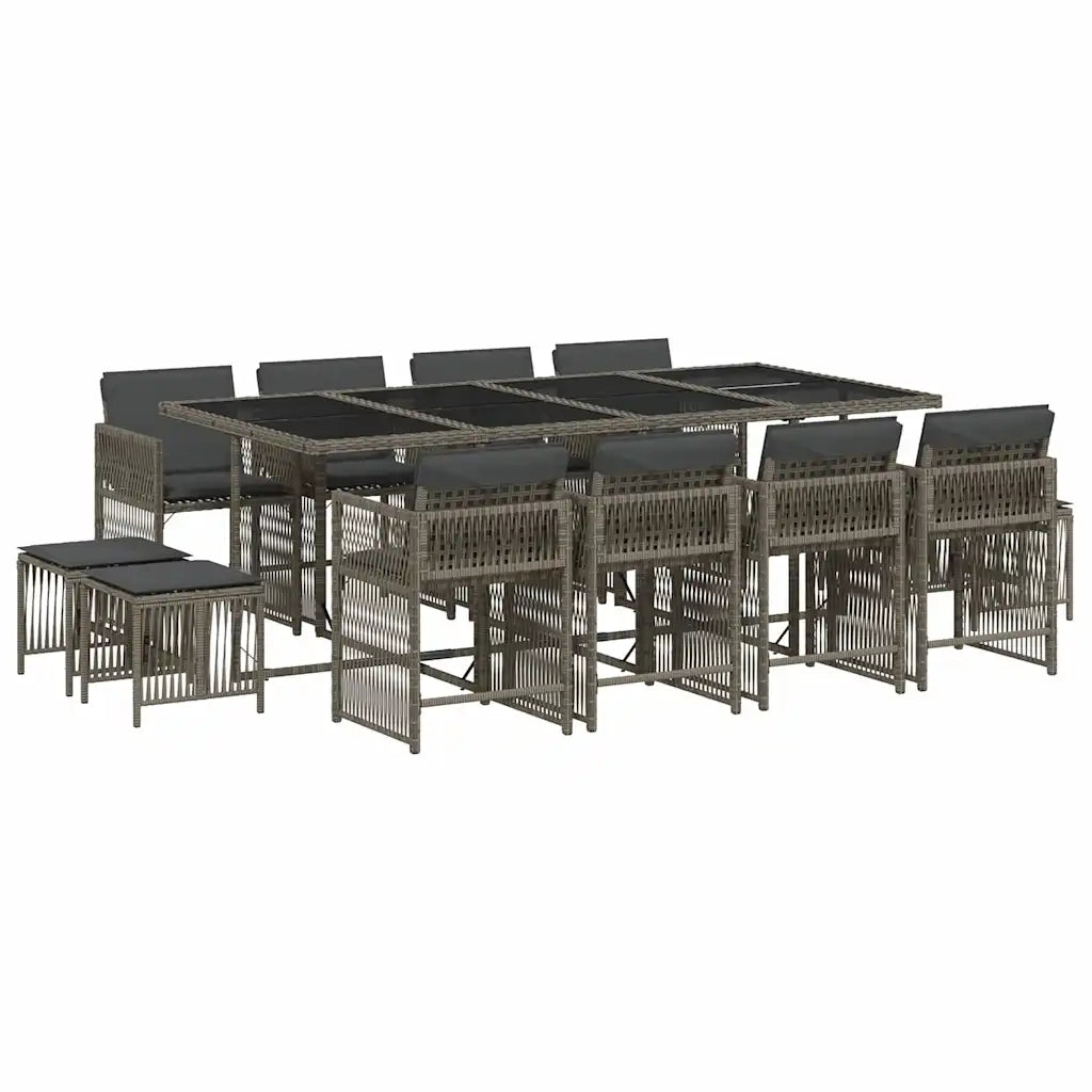 Set da Pranzo da Giardino 13pz con Cuscini Grigio in Polyrattan