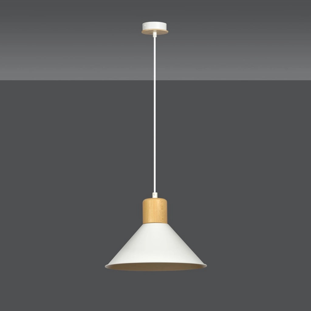 Lampada a sospensione Rowen in acciaio bianco e legno