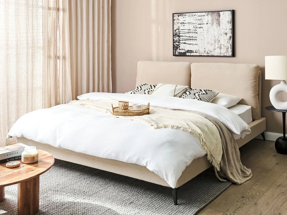 Letto imbottito moderno in bouclè beige 180 x 200 cm con rete a doghe
